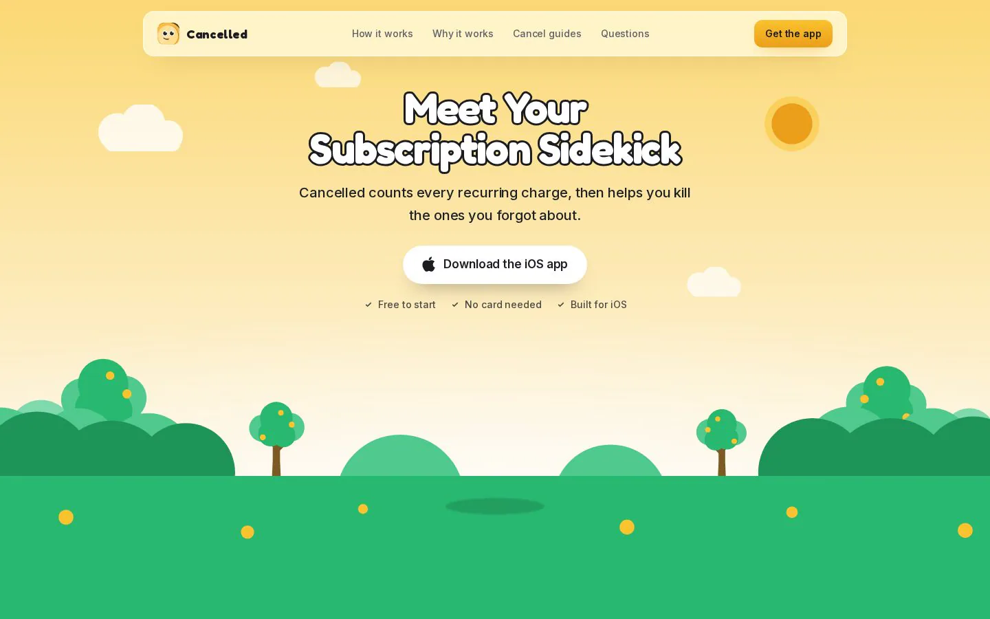 Cancelled product screenshot showing a yellow gradient background with green hills and the text Meet Your Subscription Sidekick