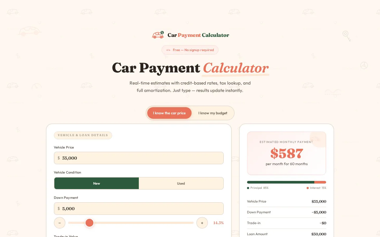 Car Payment Calculator website homepage