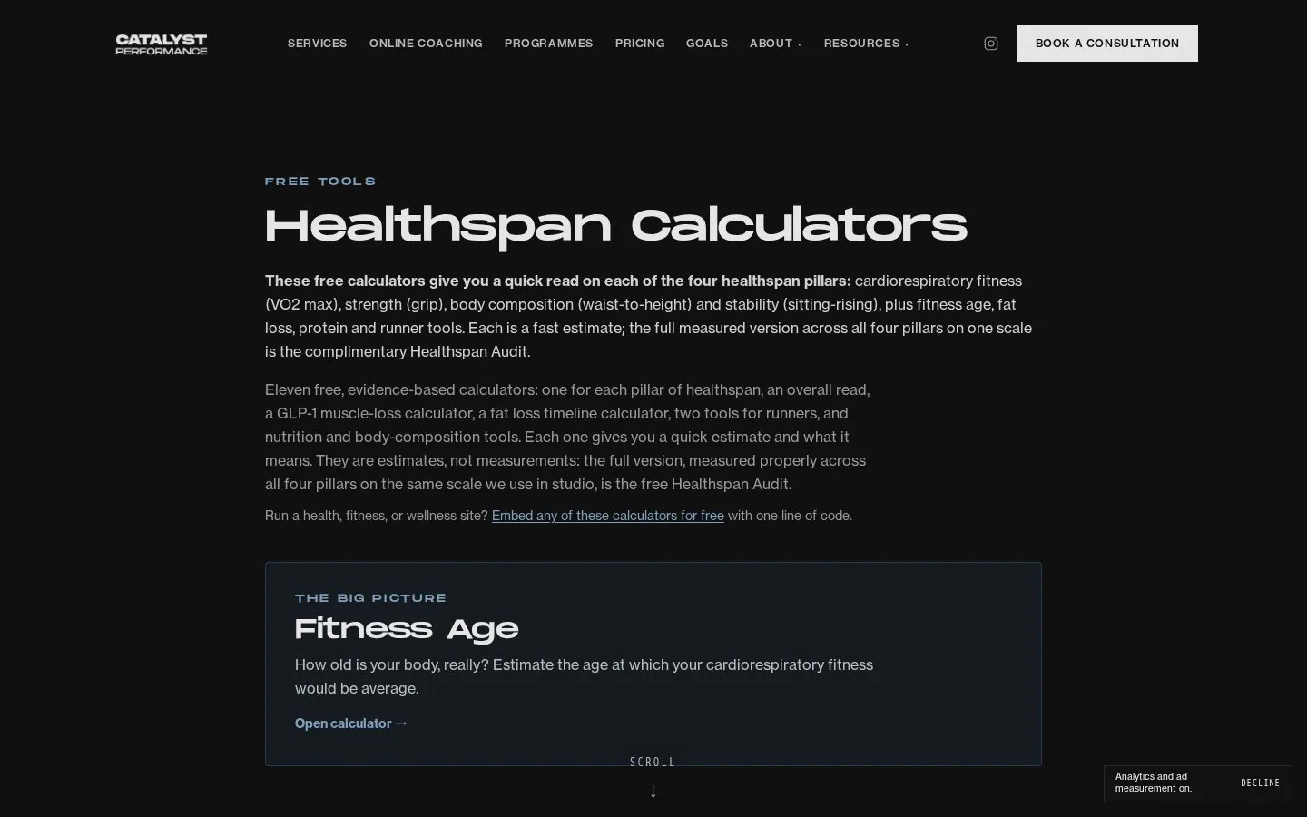 Catalyst Healthspan Tools website homepage