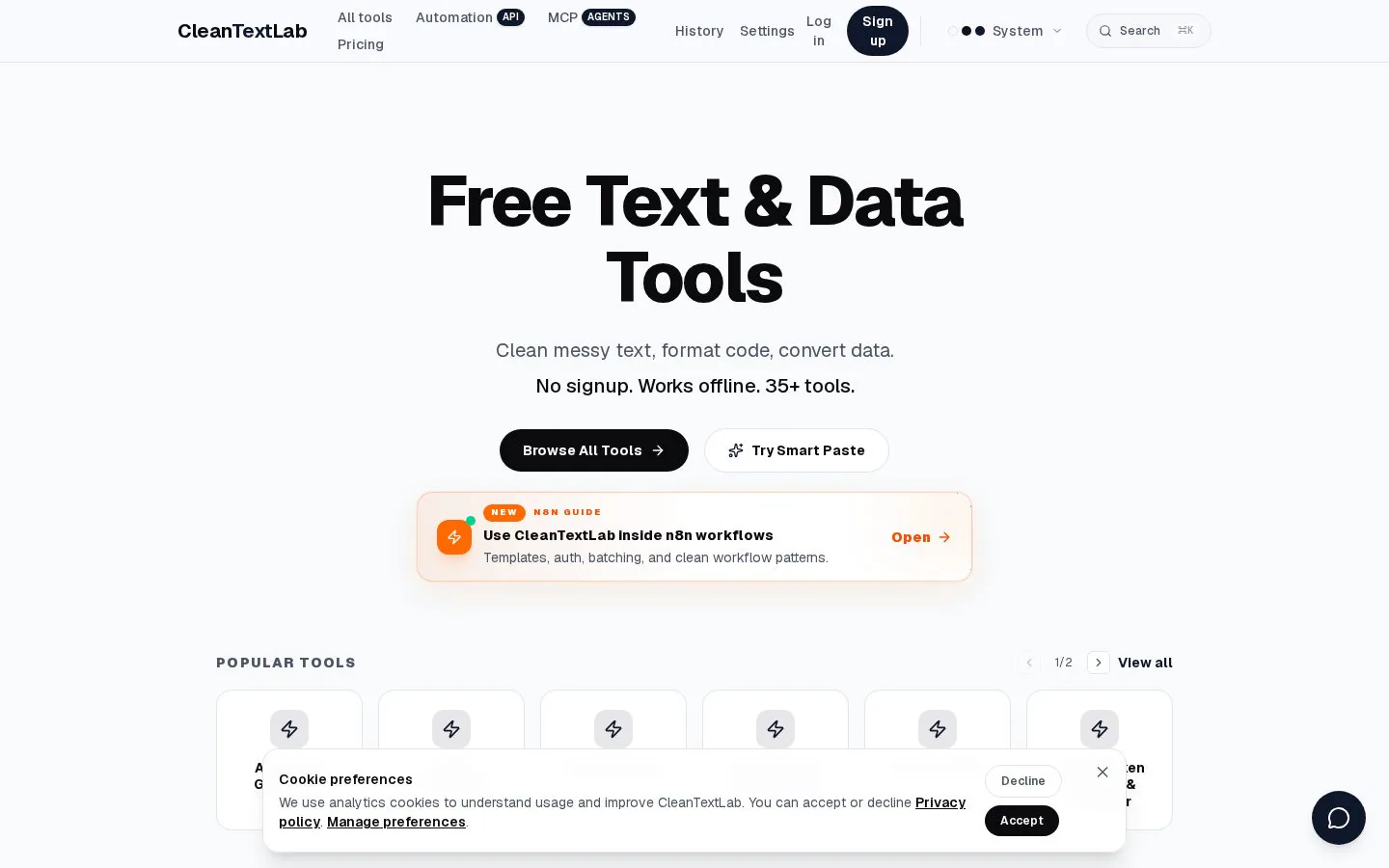 CleanTextLab website homepage