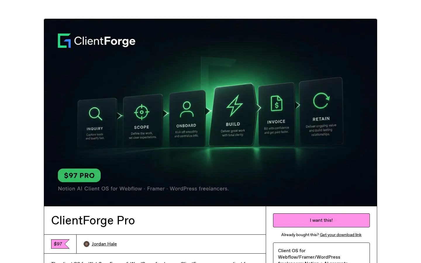 Homepage of clientforgecom.gumroad.com