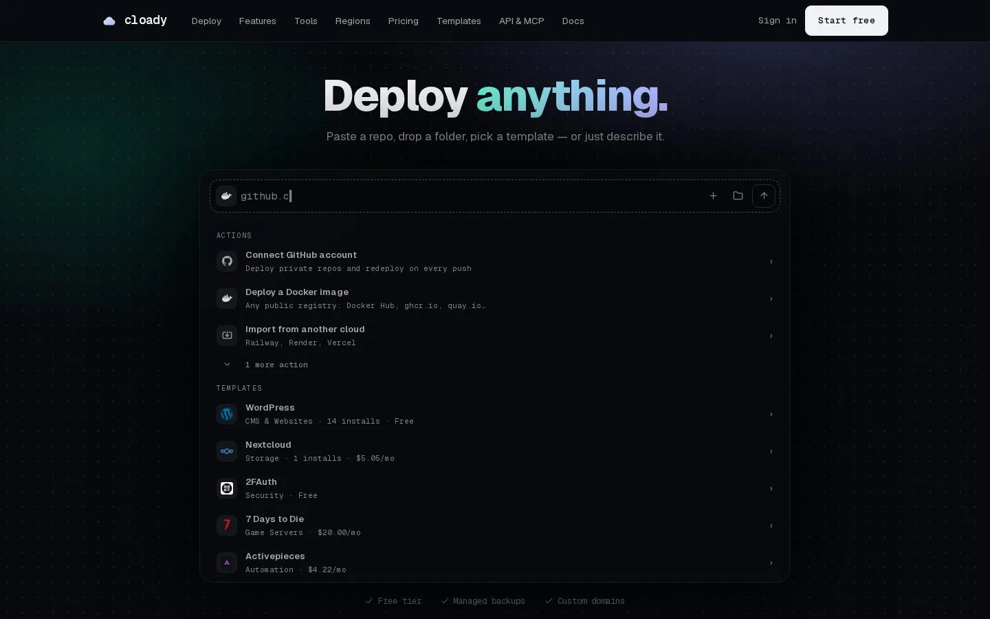 Homepage of cloady.com