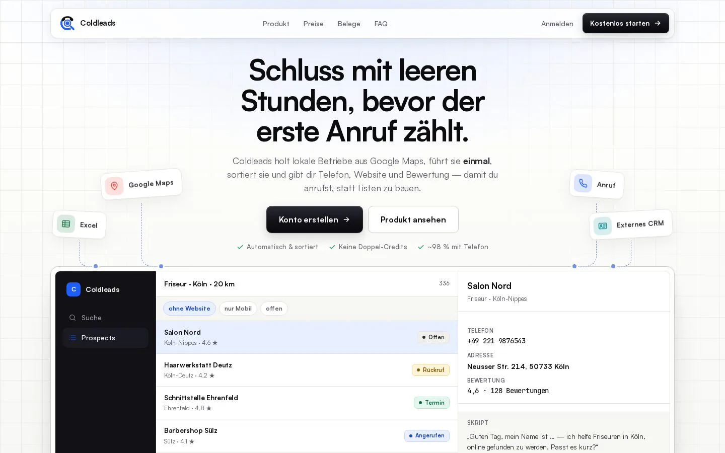 Coldleads product interface showing call ready prospect lists