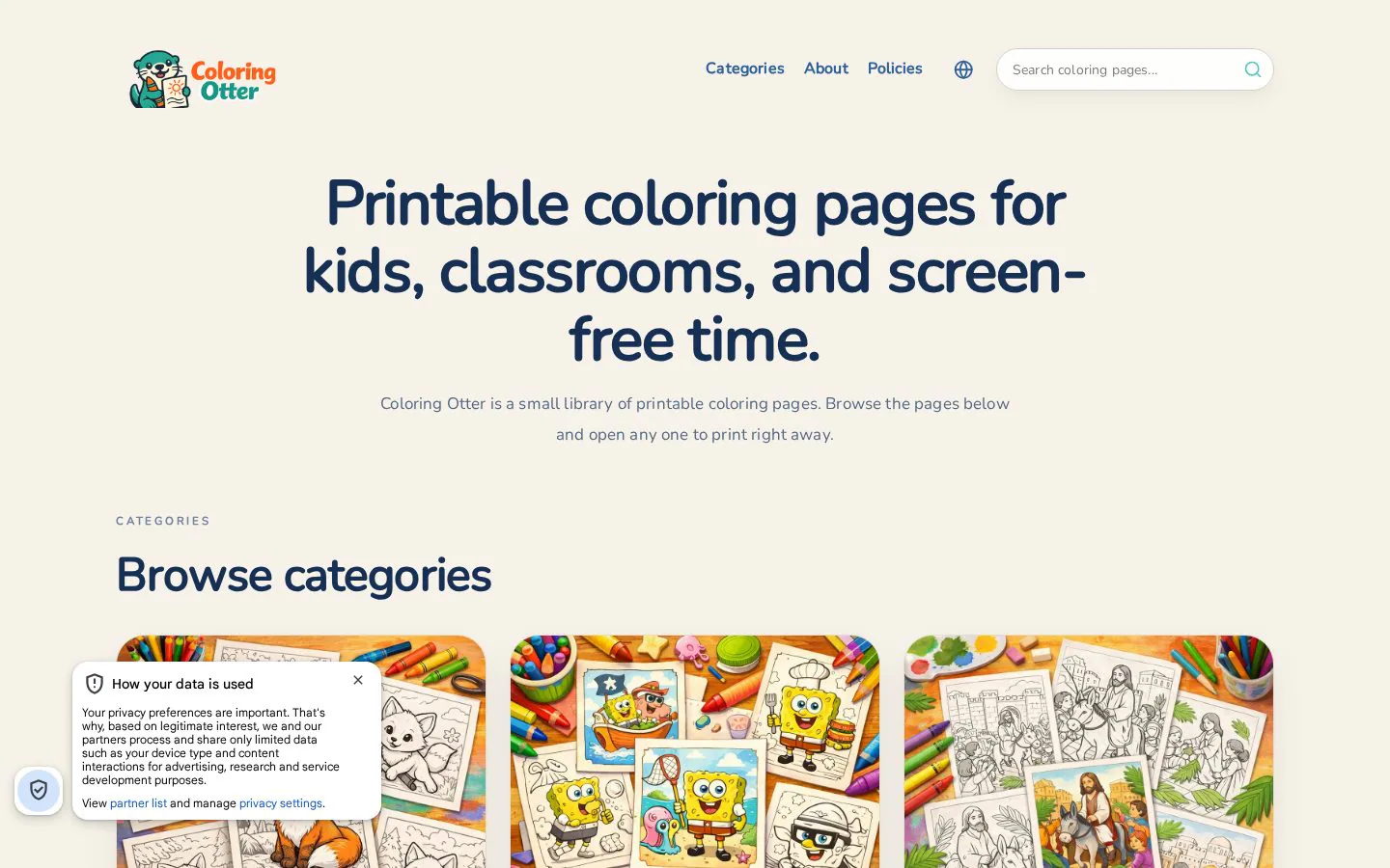 Coloring Otter website homepage