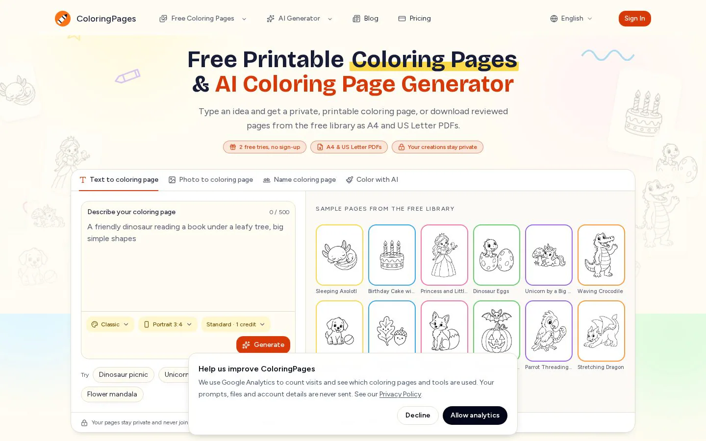 Homepage of coloringpages.tools