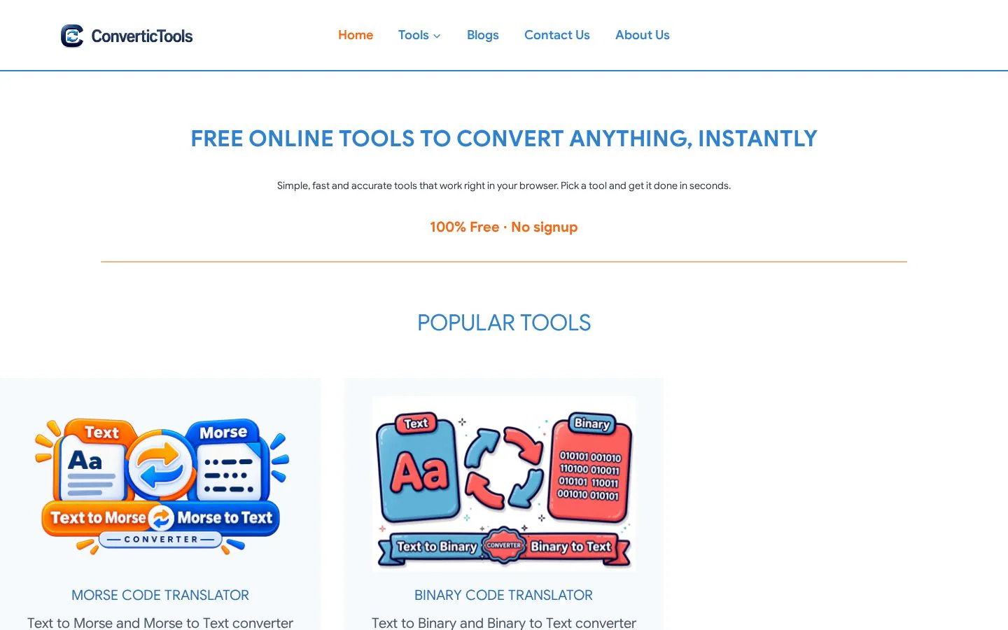ConverticTools screenshot showing a free online tools to convert anything