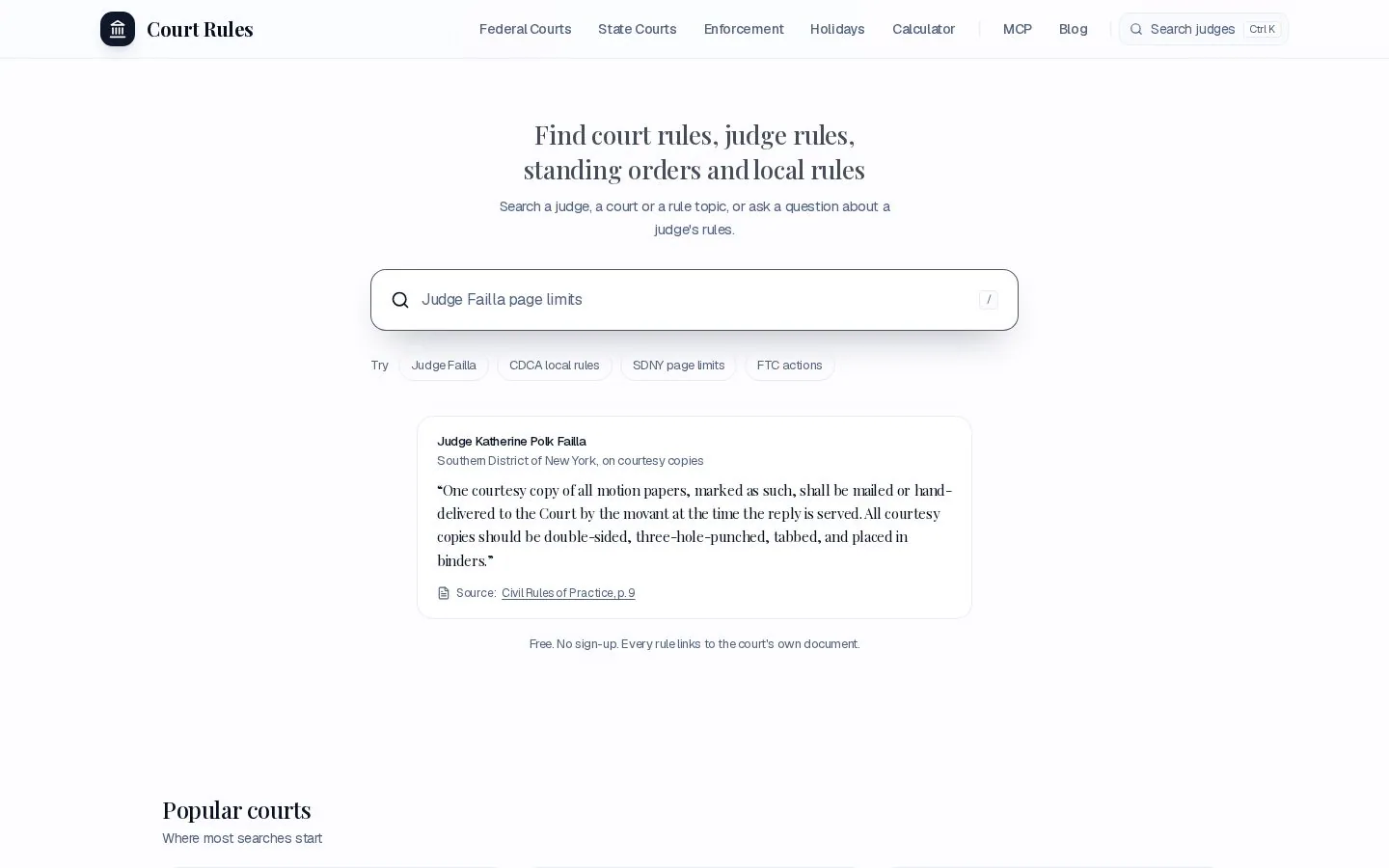 Court Rules website interface showing search bar for federal state courts and local rules