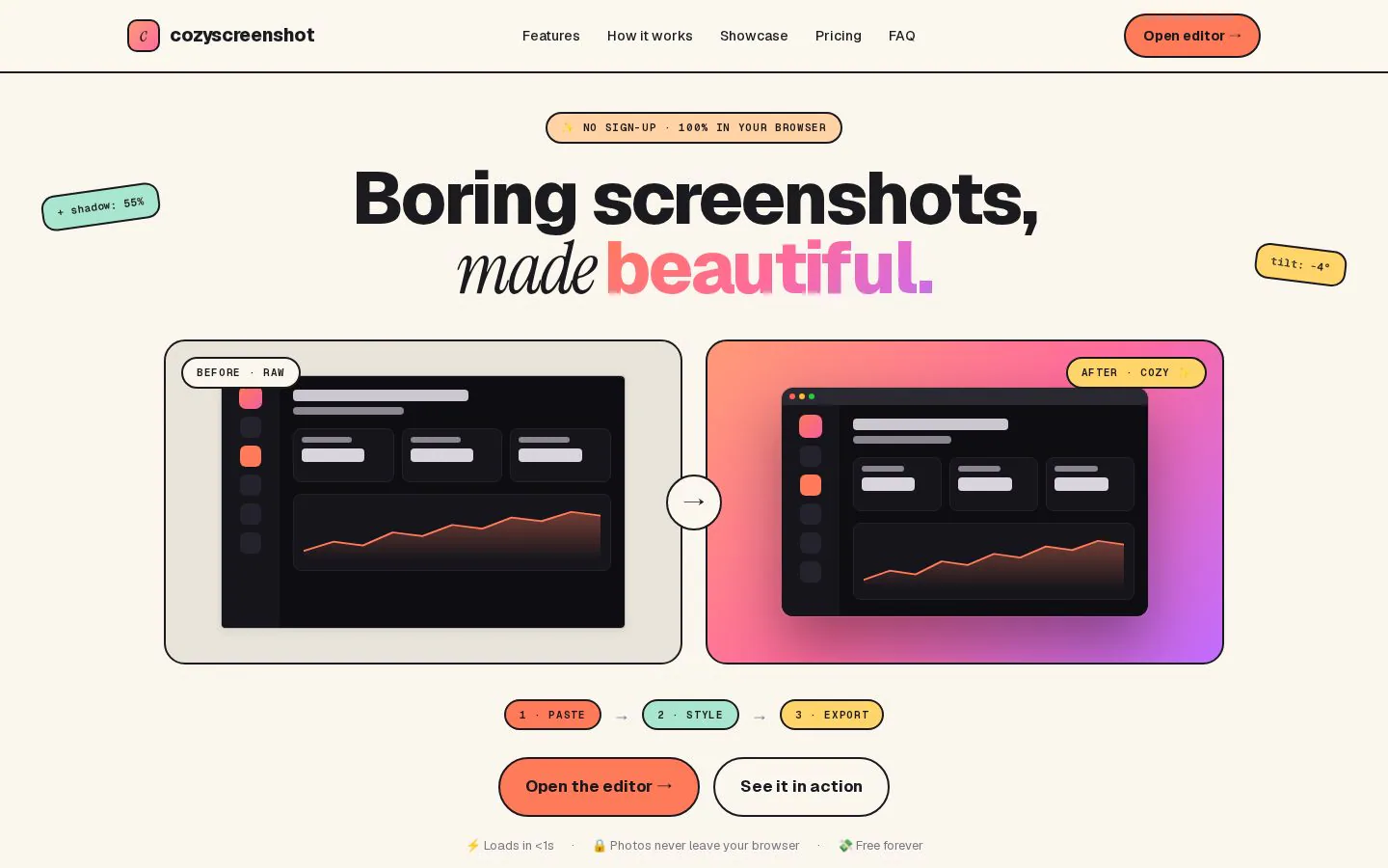 cozyscreenshot website homepage