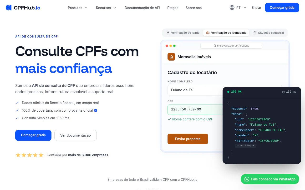 CPFHub io product screenshot showing Brazilian CPF lookup API interface