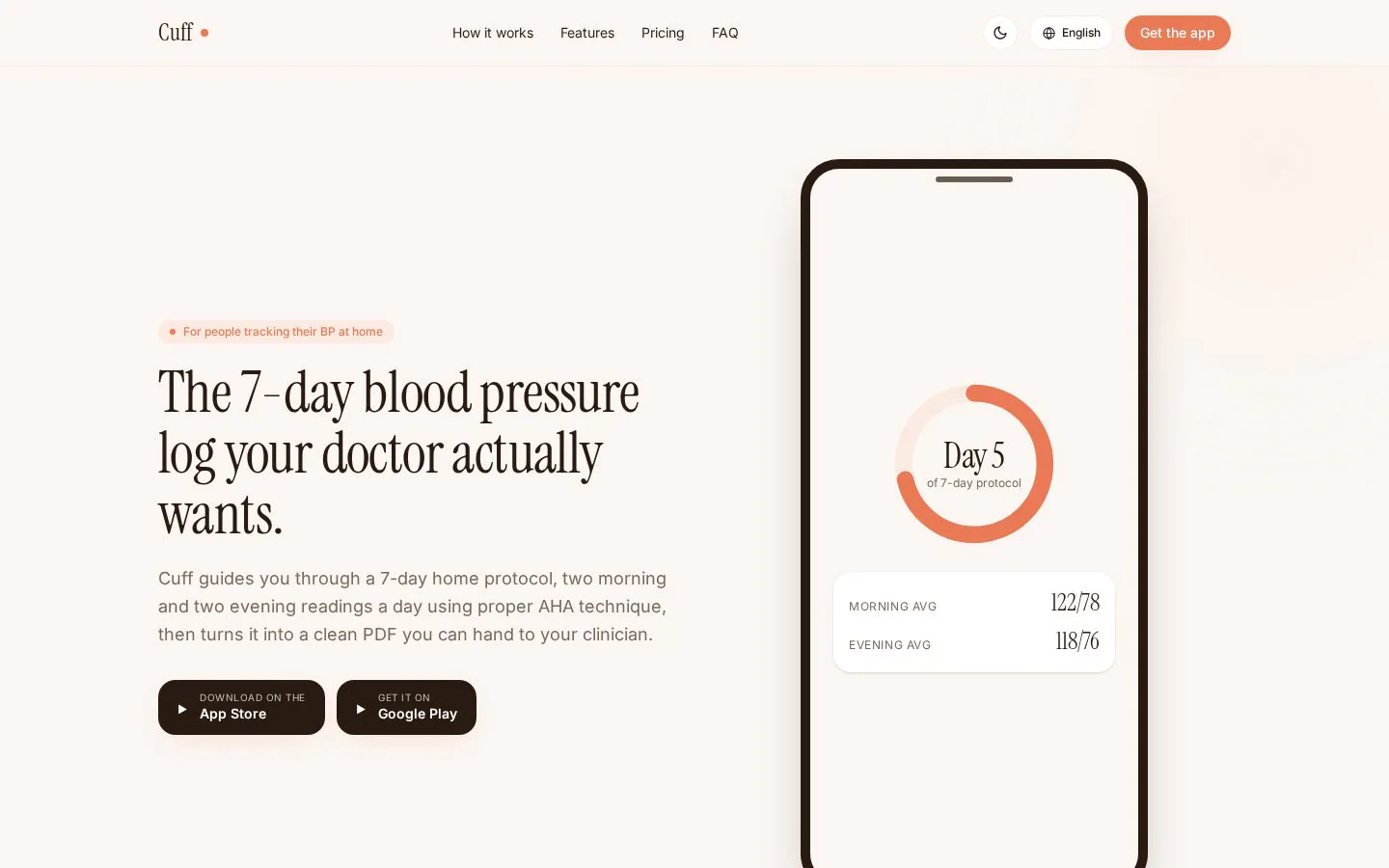 Cuff website illustration with sample readings. Enter readings from your own monitor; PDF export is paid.