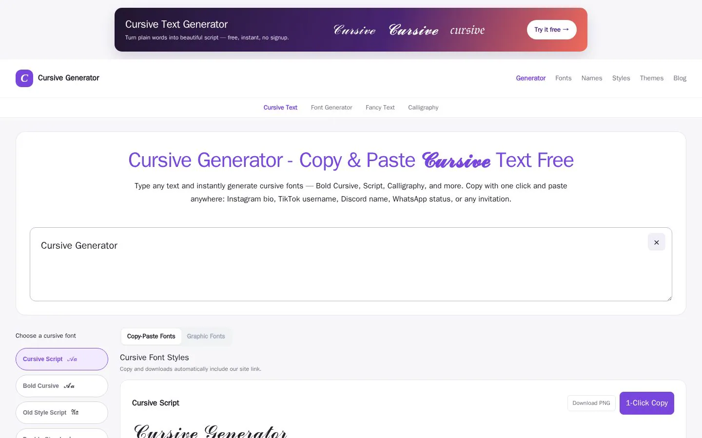 Cursive Generator website homepage