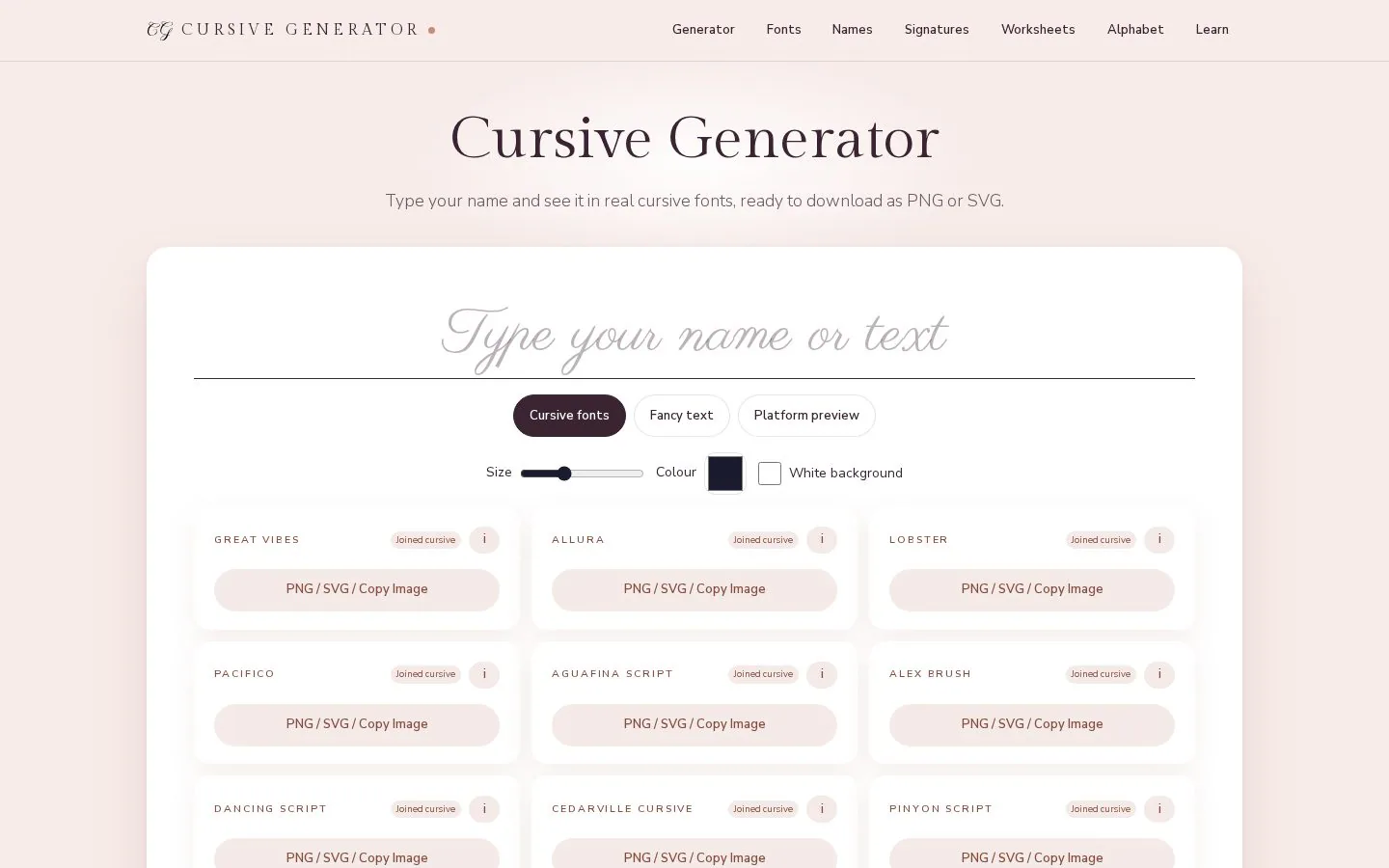 Homepage of cursivegenerator.com