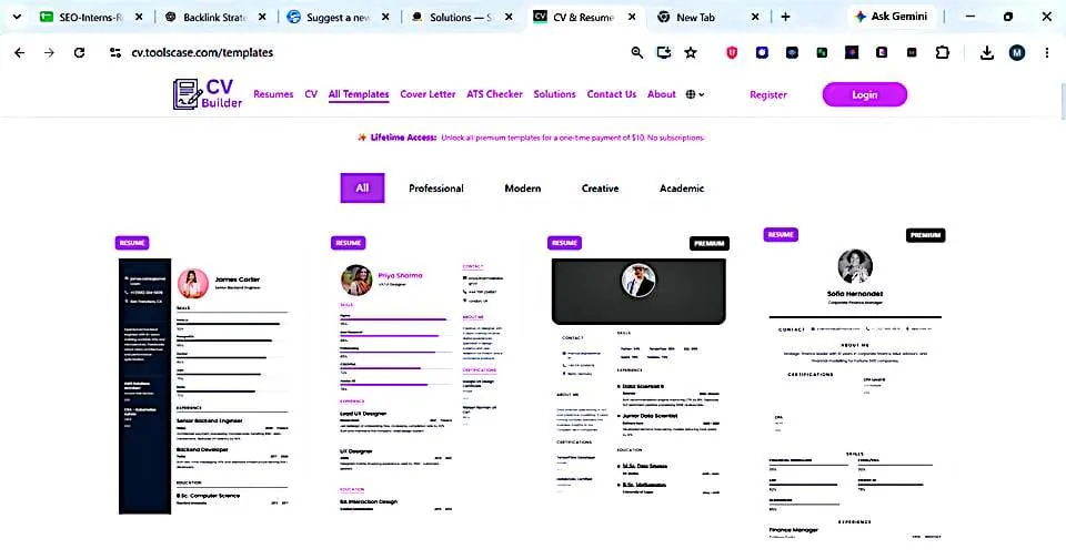 CV Builder product screenshot showing four resume template examples with profile pictures and text fields