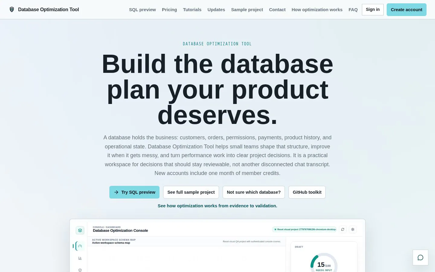 Database Optimization Tool website homepage