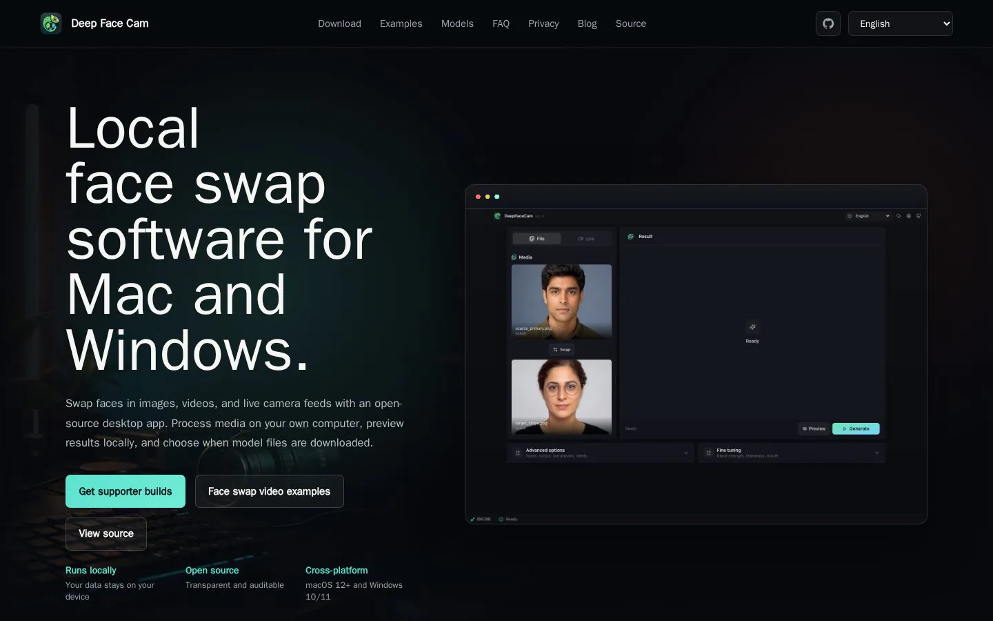 Deep Face Cam website homepage