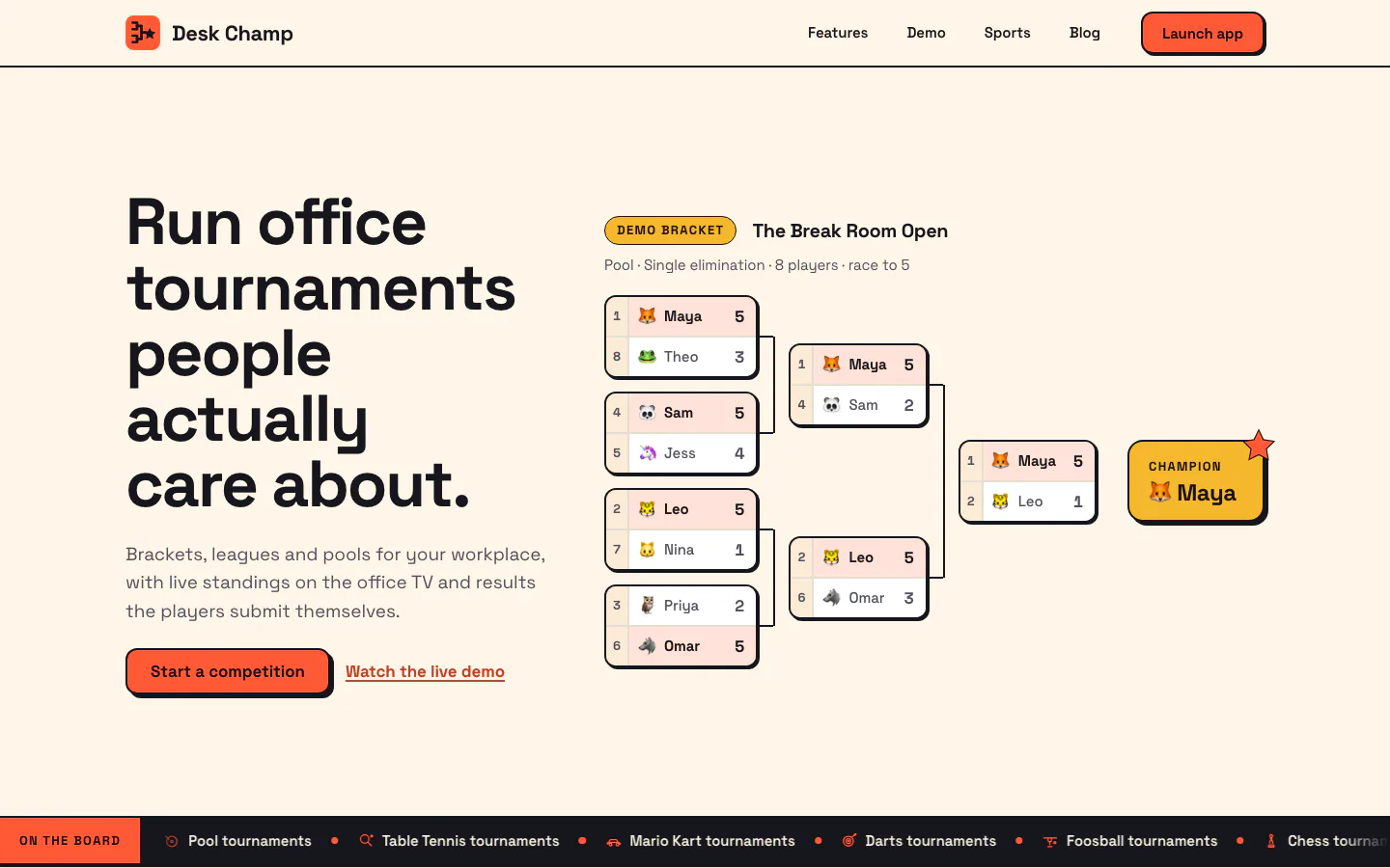 Desk Champ product screenshot showing free tournament brackets and leagues for office games