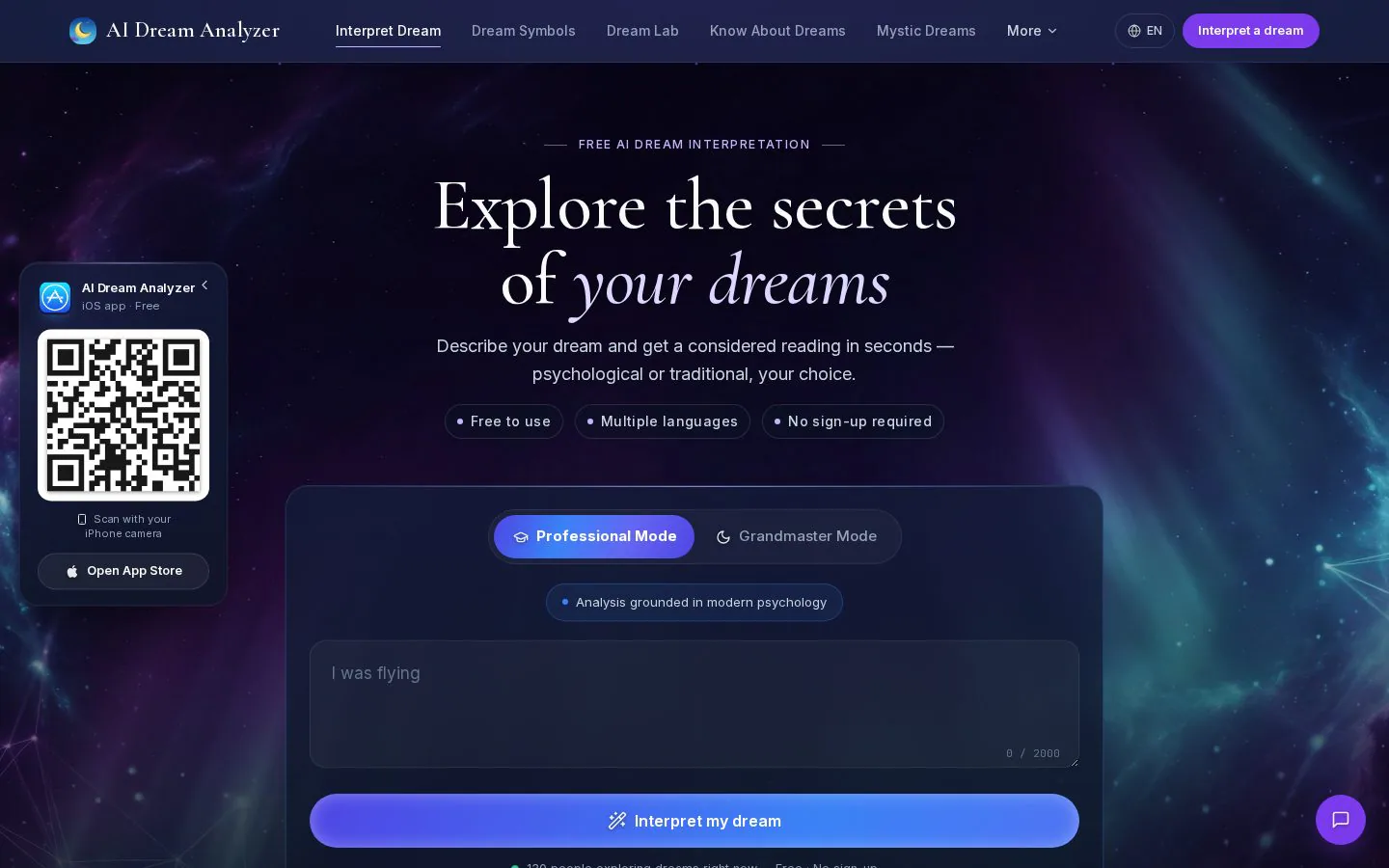 AI Dream Analyzer website homepage