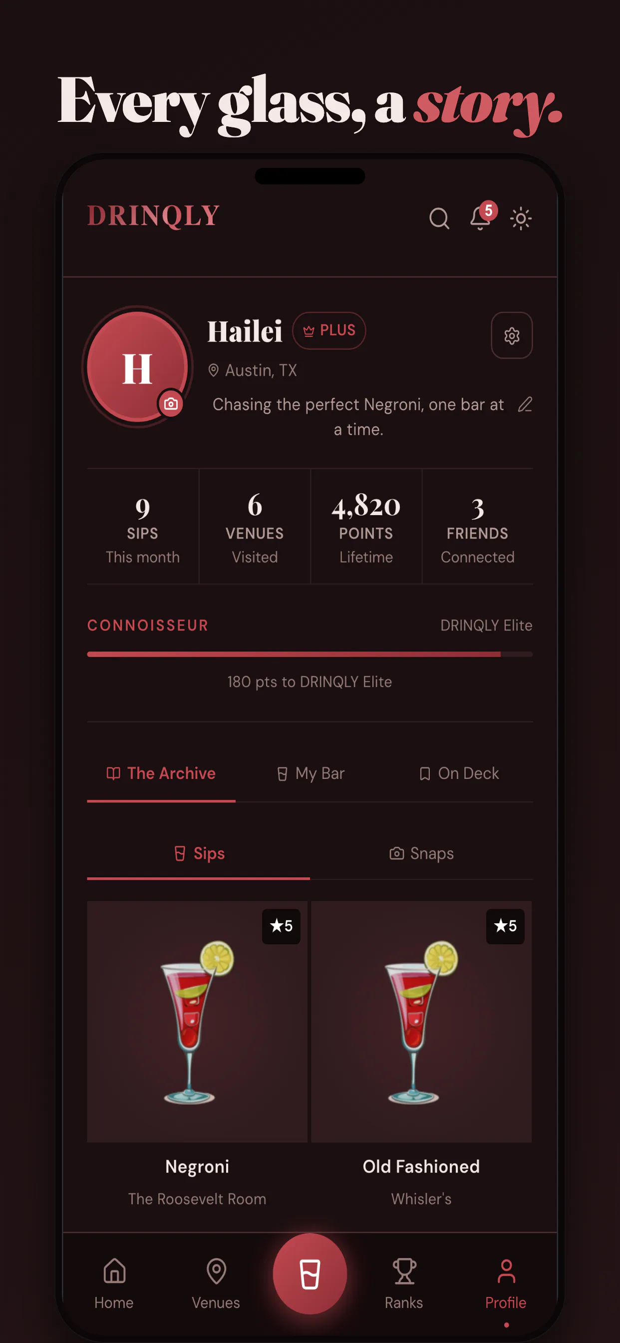 Drinqly app profile showing Hailei s stats and Negroni and Old Fashioned drinks