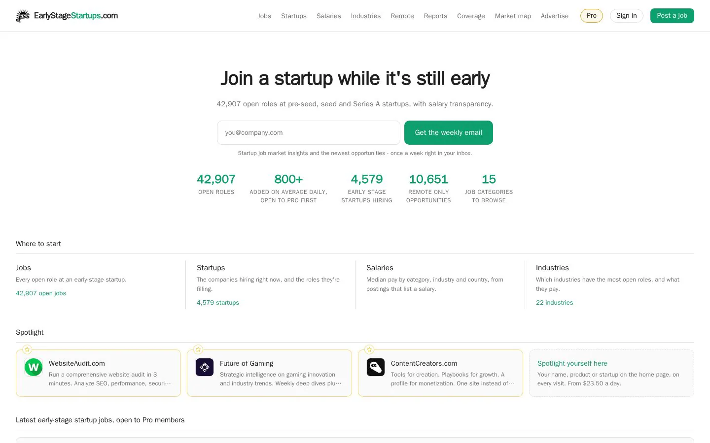 Homepage of earlystagestartups.com