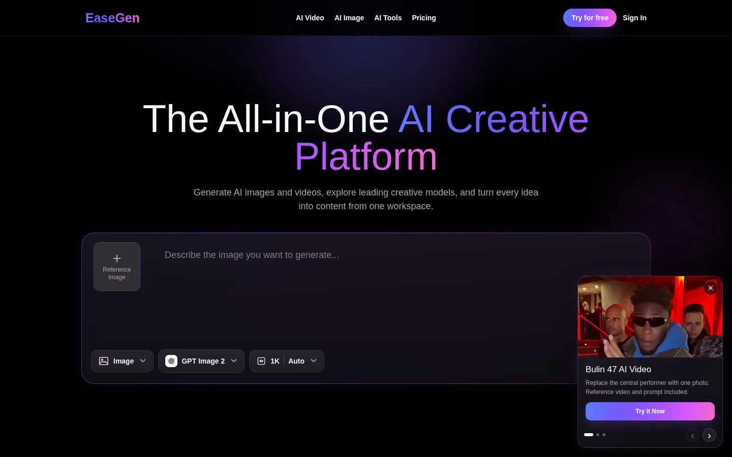 Homepage of easegen.ai