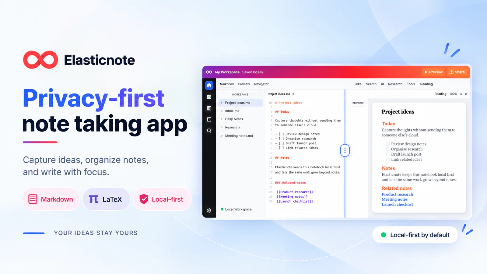 Elasticnote screenshot showing a privacy-first note taking app