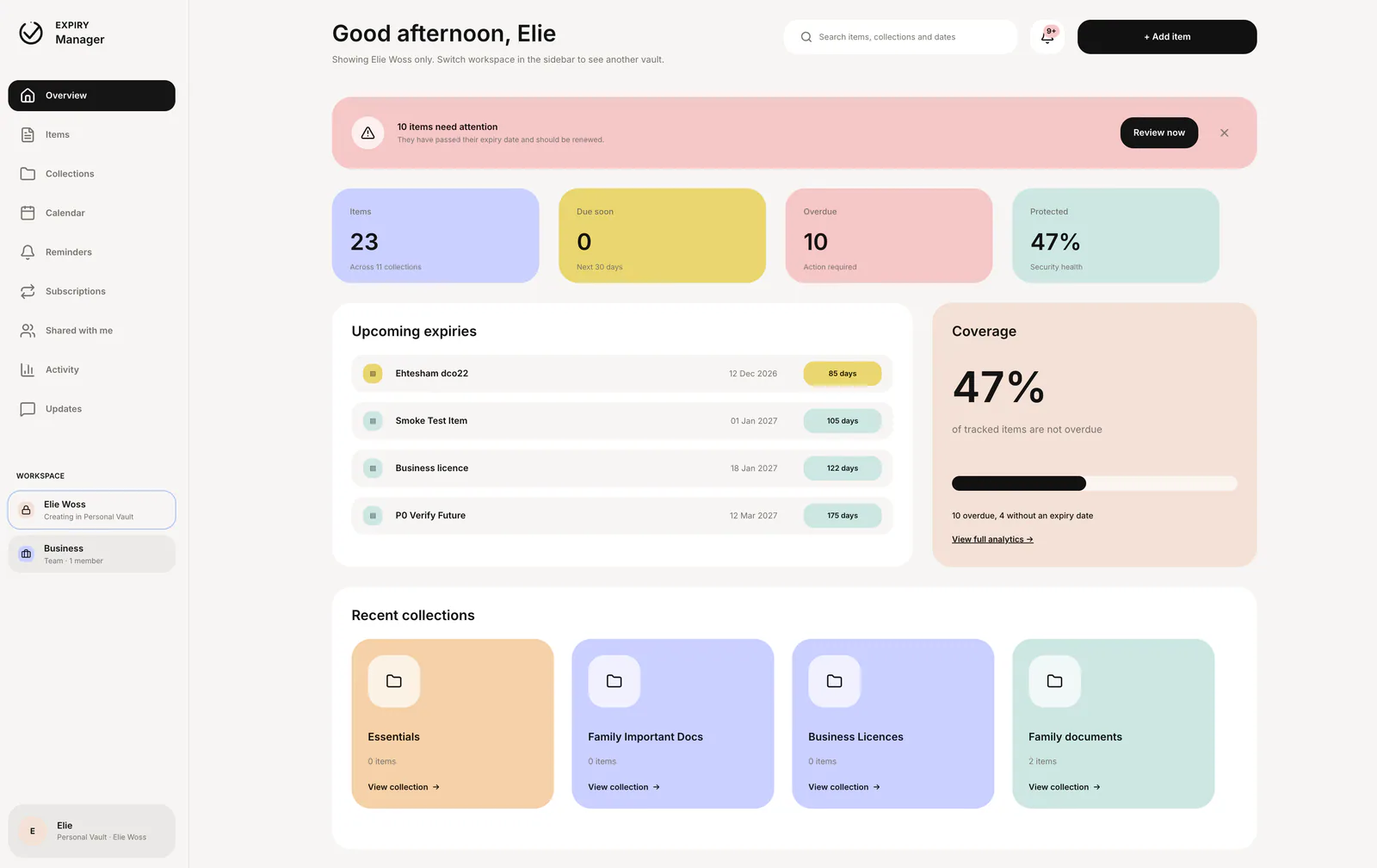 Expiry Manager dashboard showing good afternoon Elle greeting with upcoming expiries list and coverage percentage