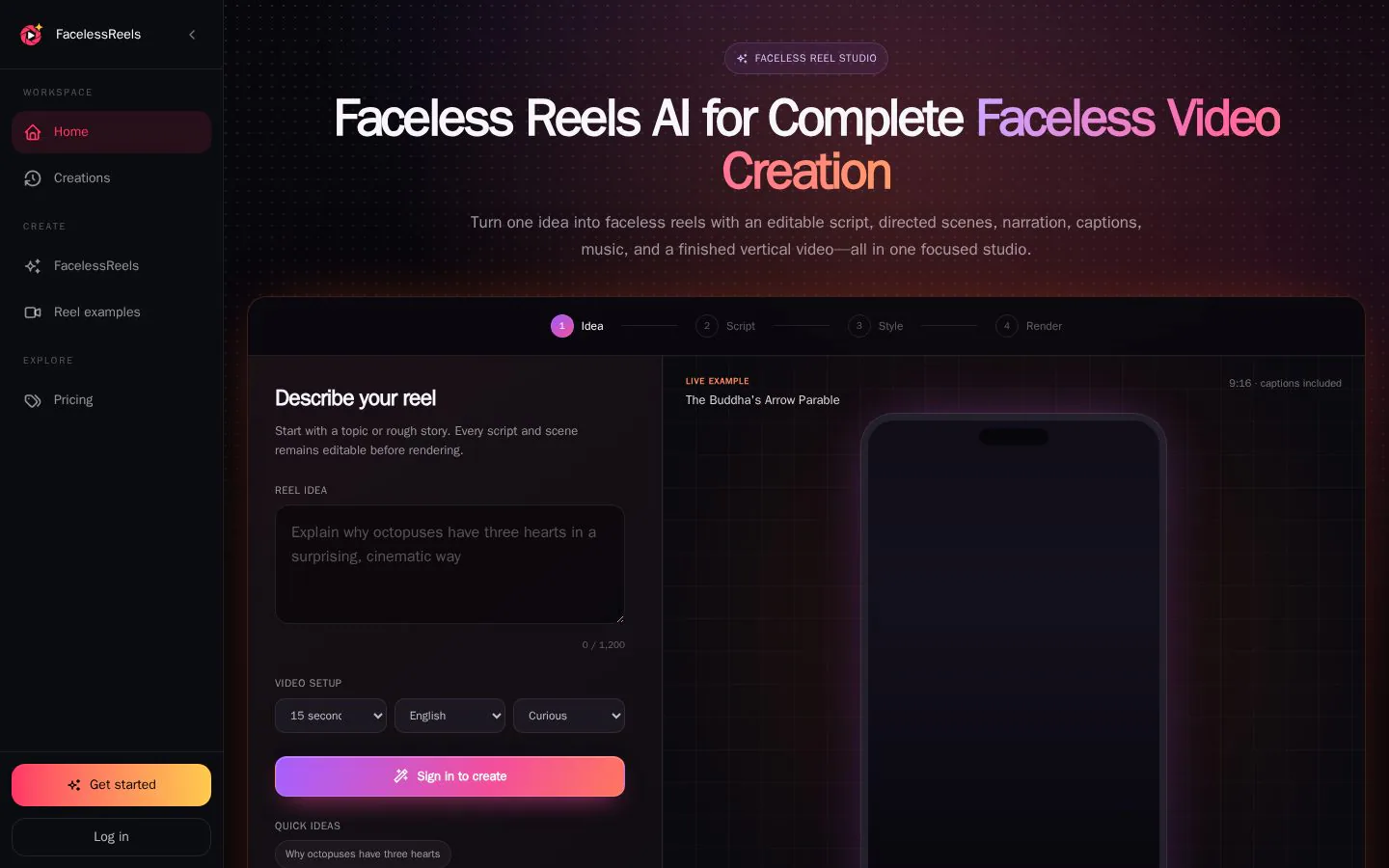 Homepage of facelessreels-ai.com
