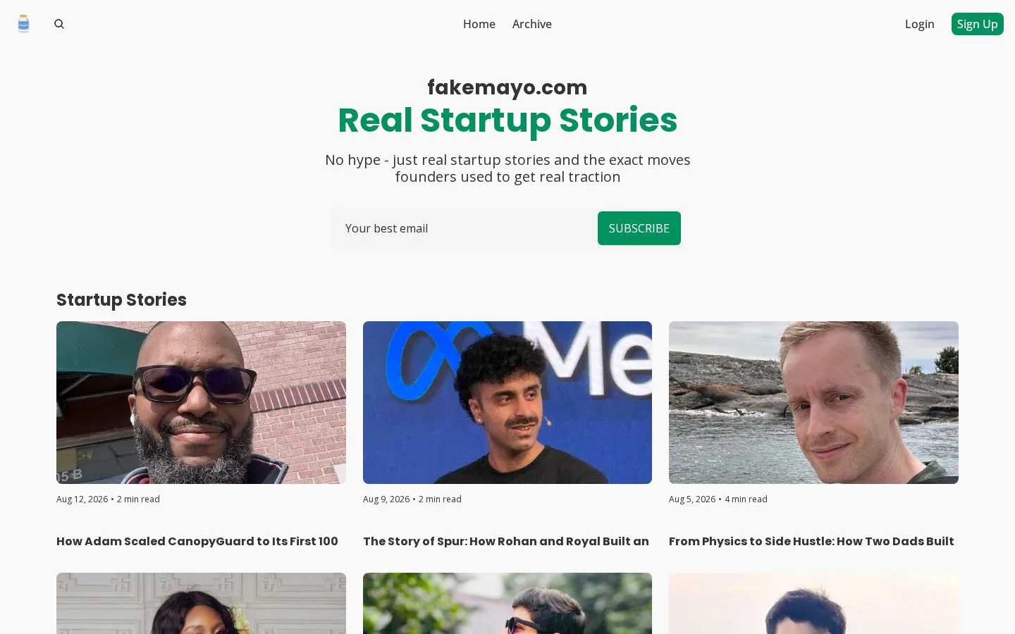 Fake Mayo Startup Stories website homepage