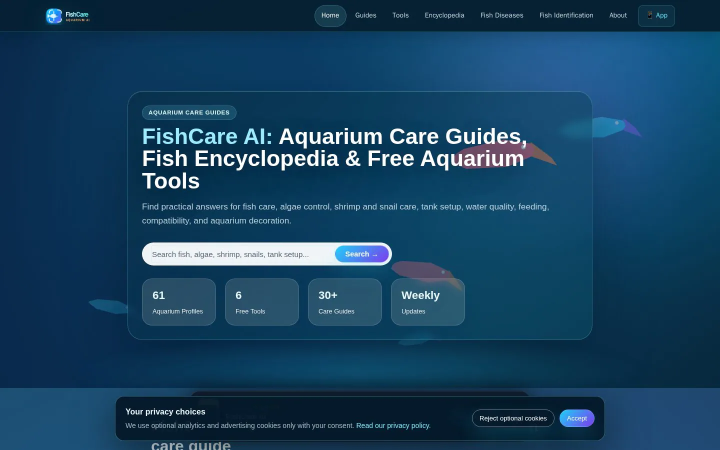FishCare AI: Aquarium Guides, Fish Encyclopedia and Free Tools website homepage