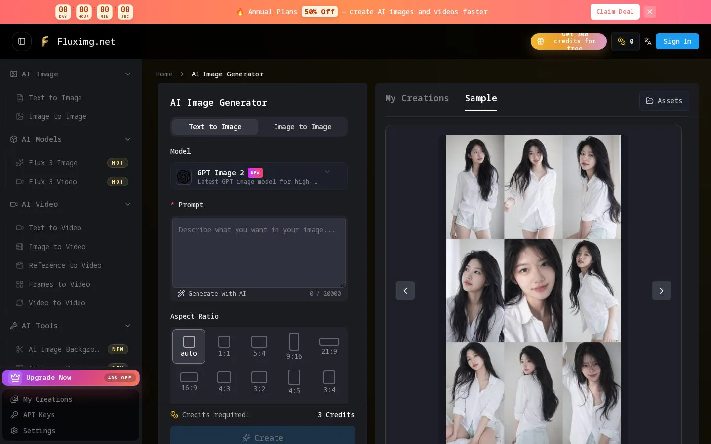 Fluximg AI Image Generator and Editor website homepage