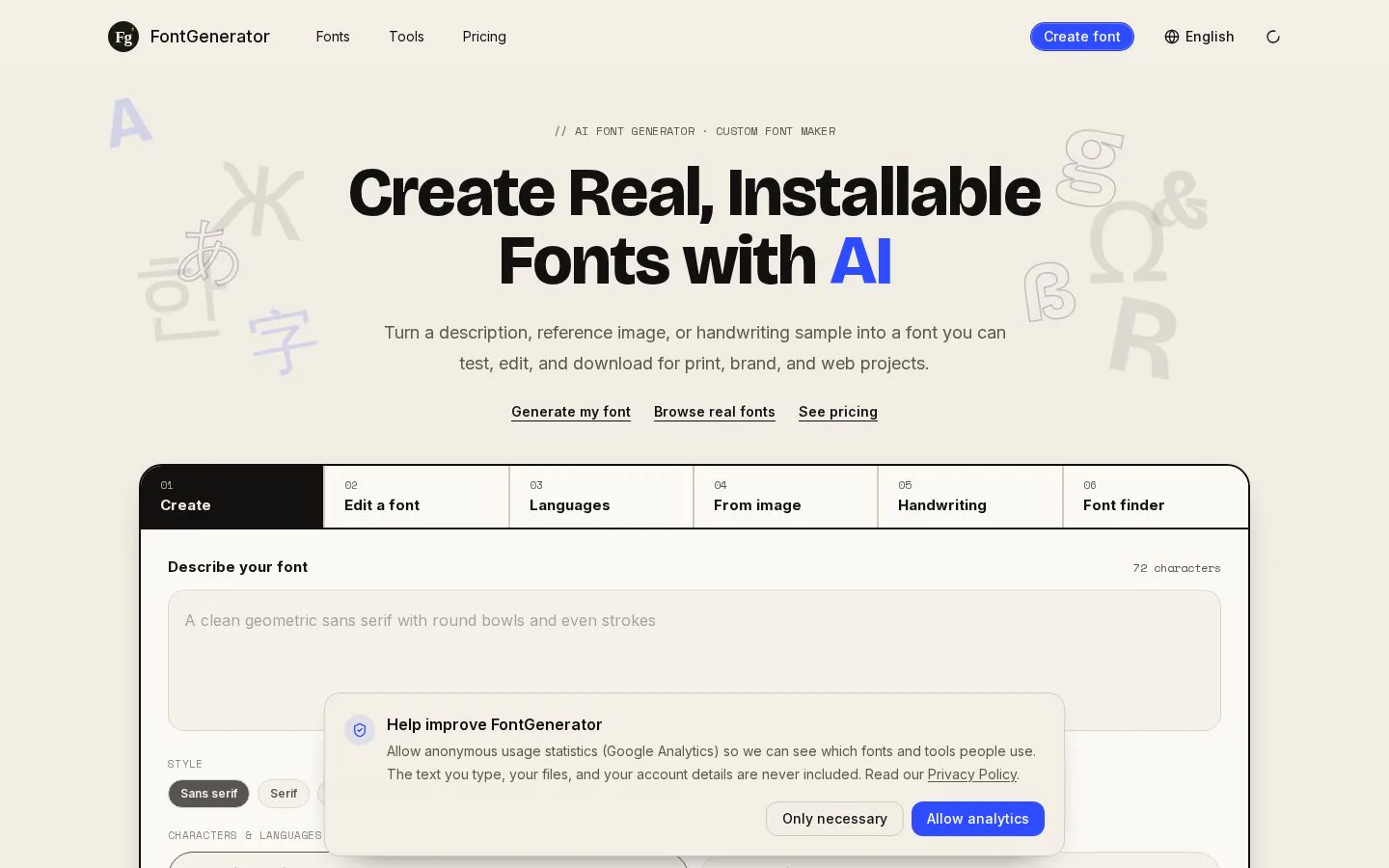 Homepage of fontgenerator.tools