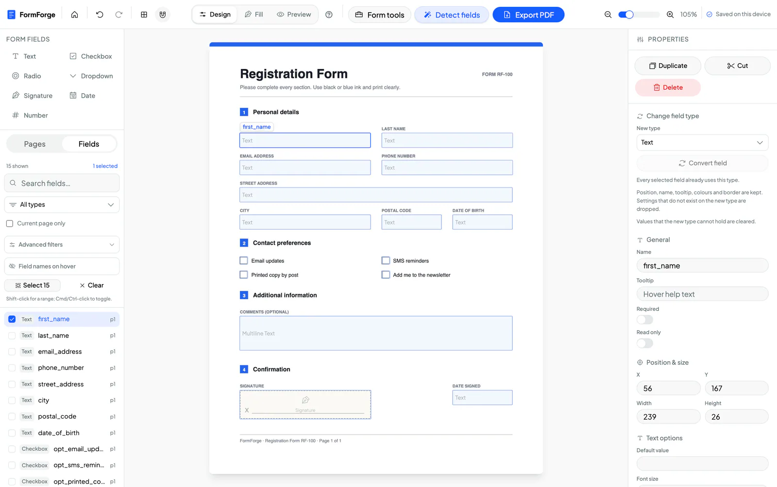 FormForge registration form interface showing personal details and contact fields