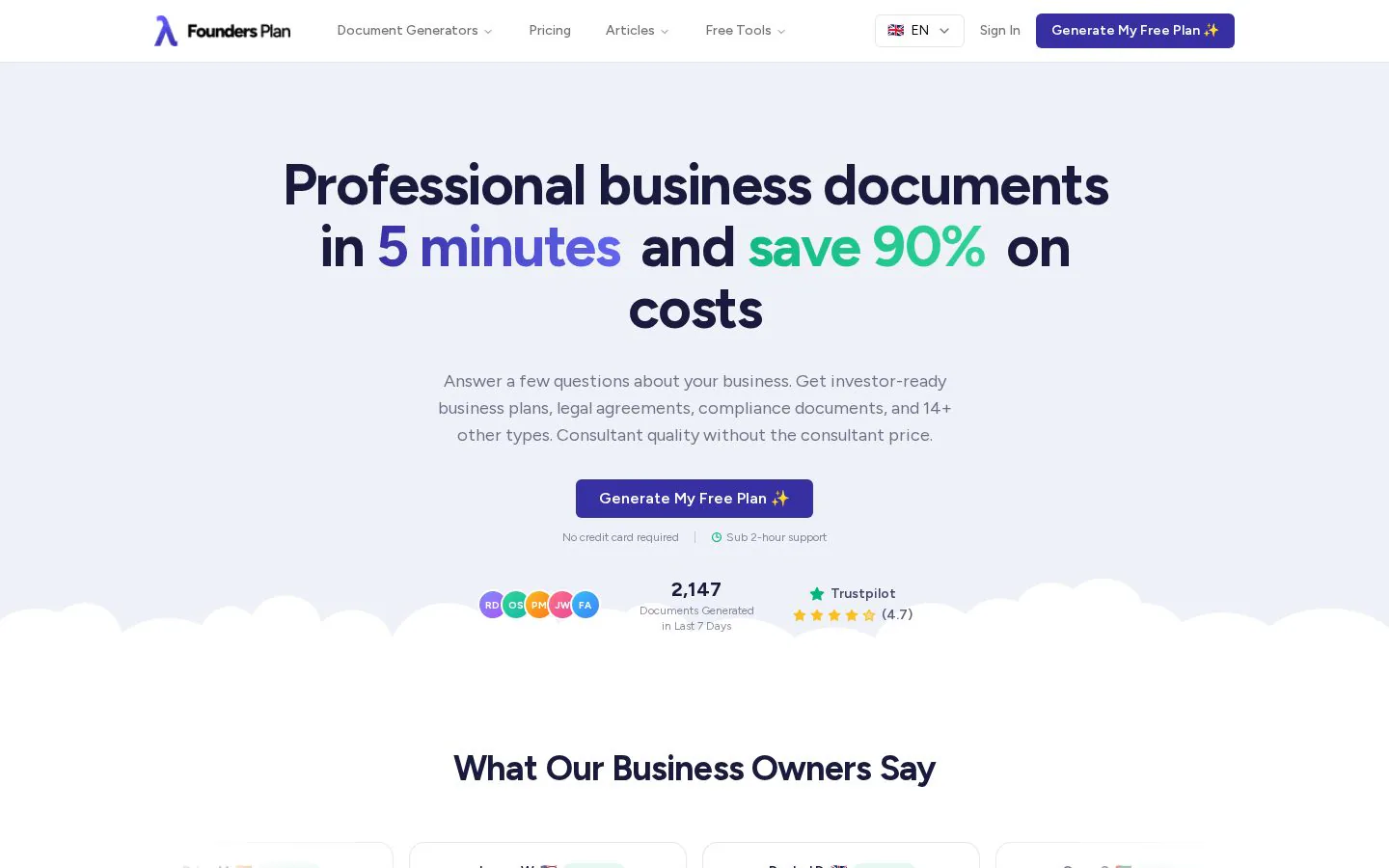 FoundersPlan website homepage