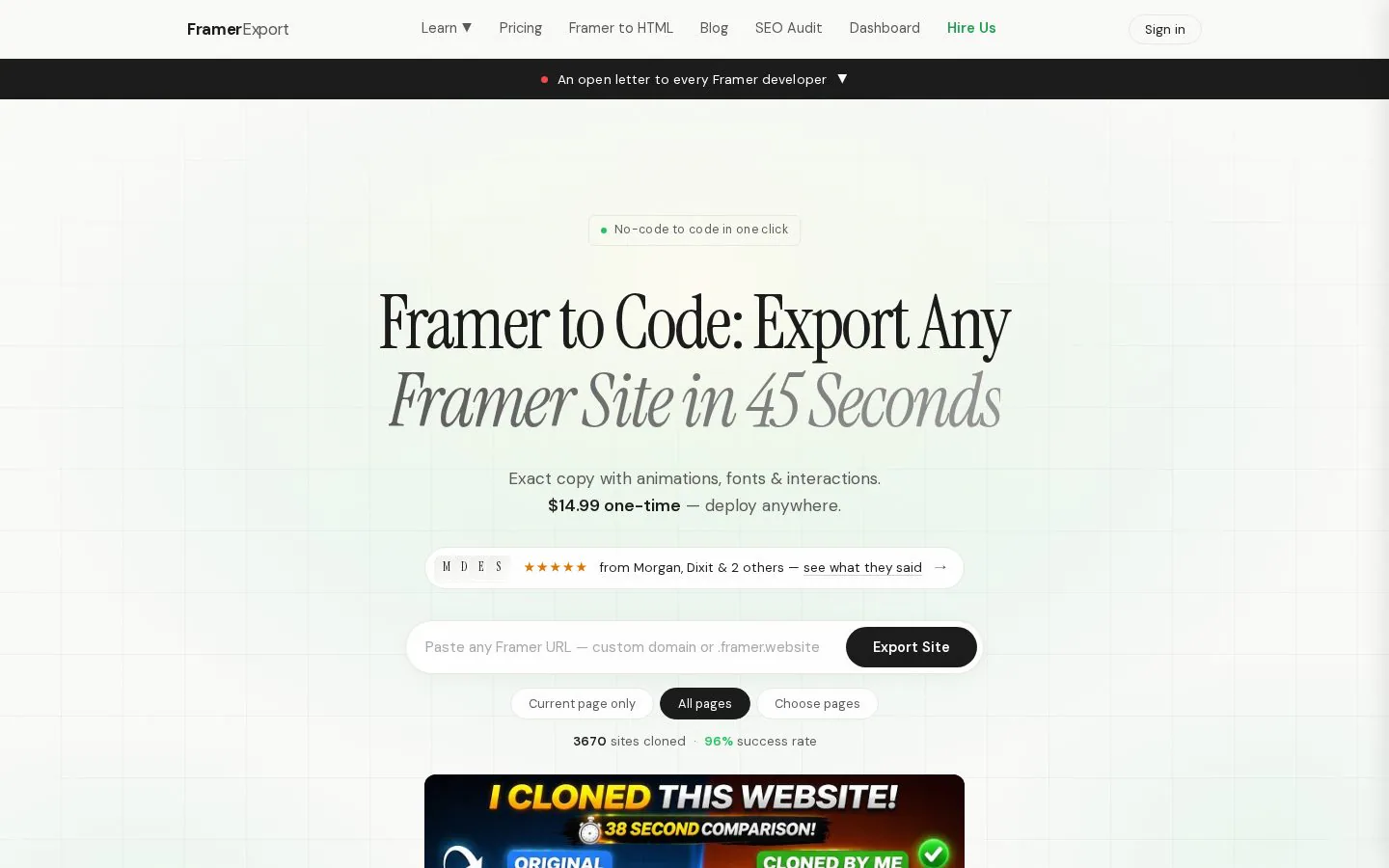 FramerExport website homepage