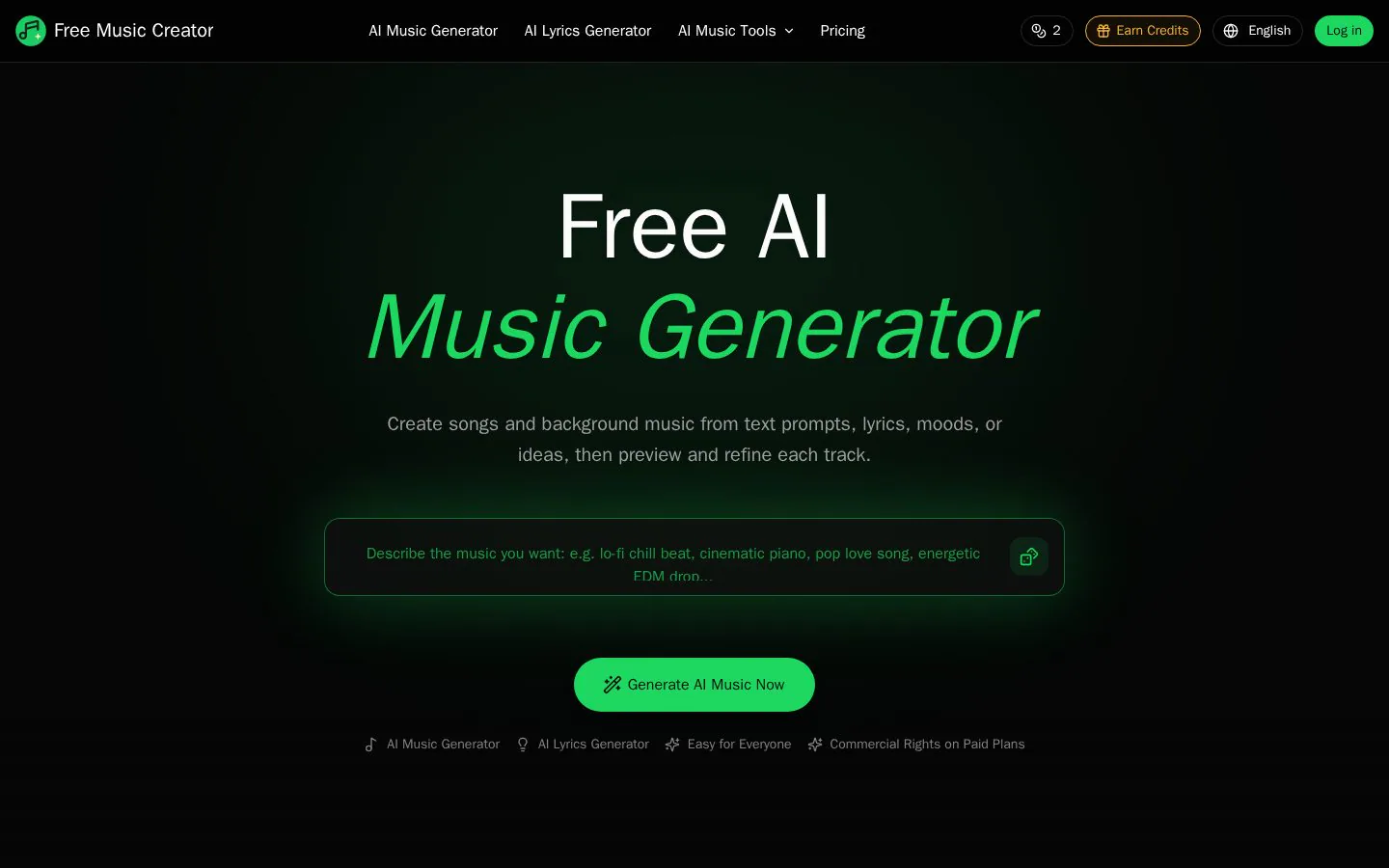 Free AI Music Creator website homepage