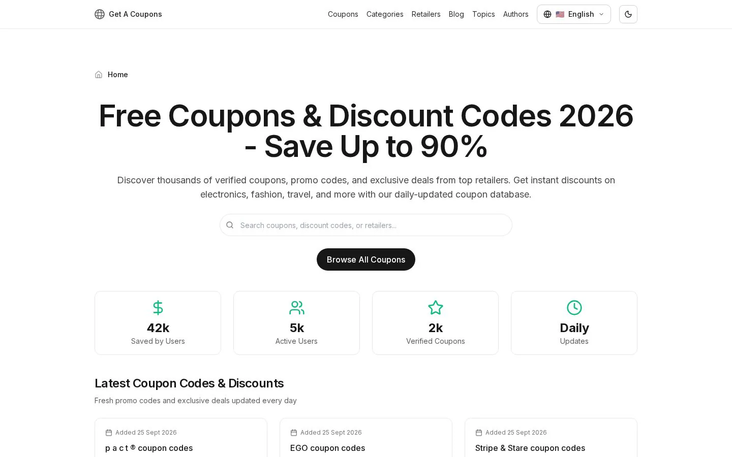 Free Coupons and Discount Codes 2026 website homepage
