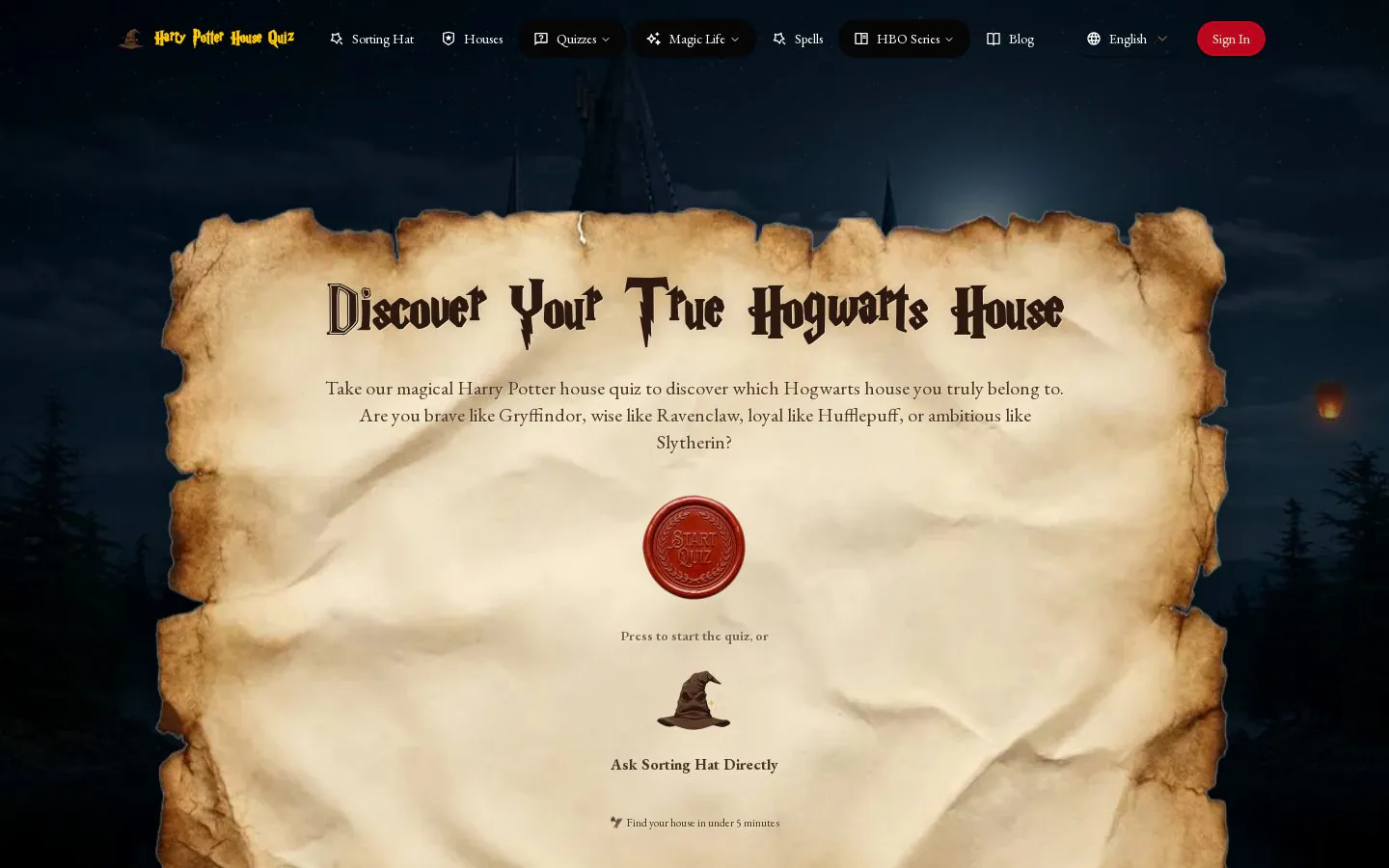 Free Harry Potter House Quiz website homepage