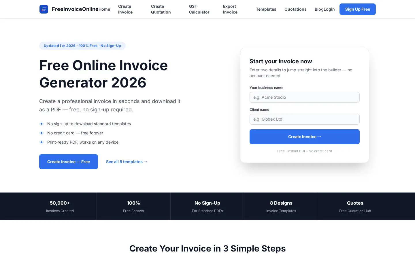 Free Invoice Generator website homepage