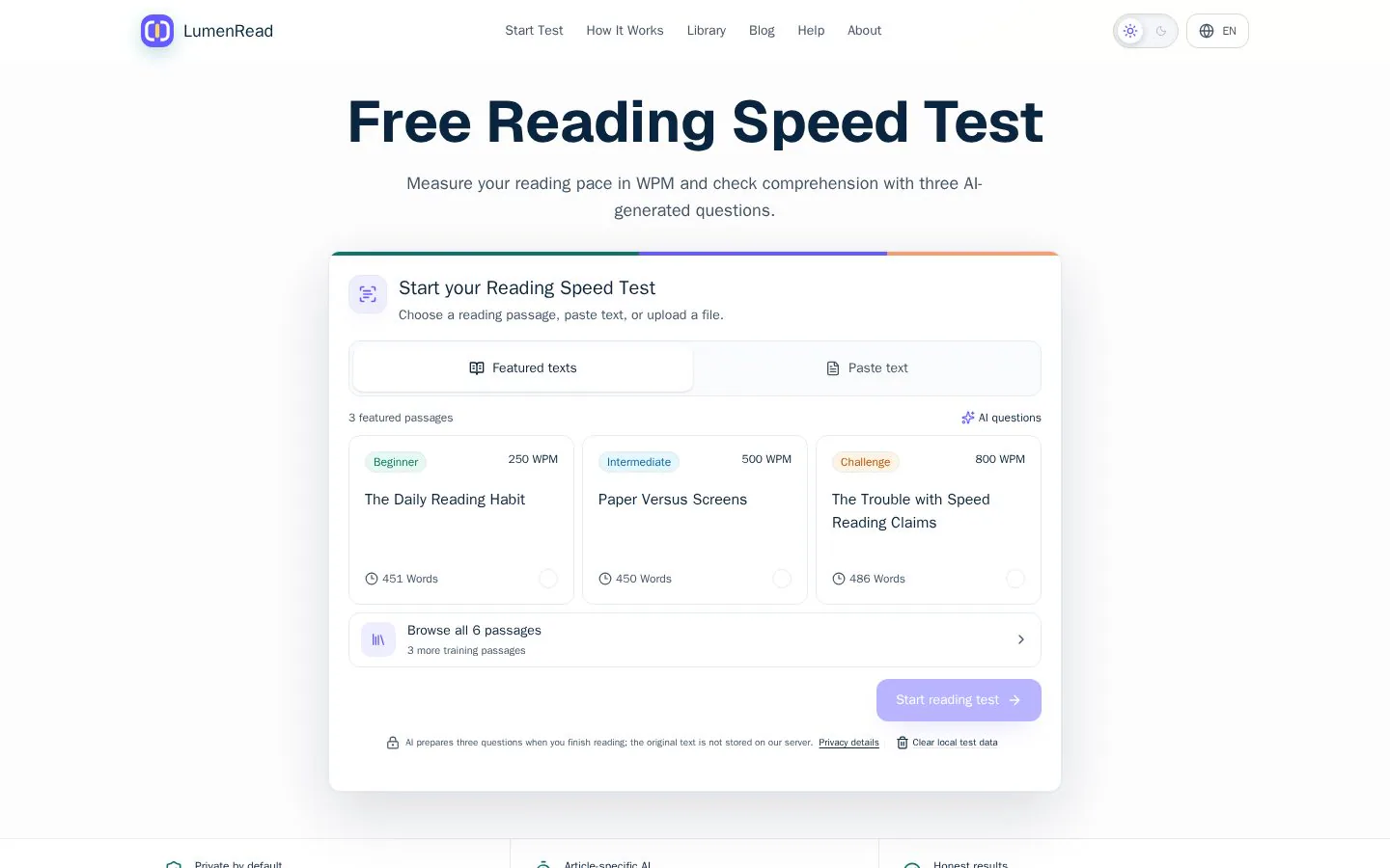 Free Reading Speed Test website homepage
