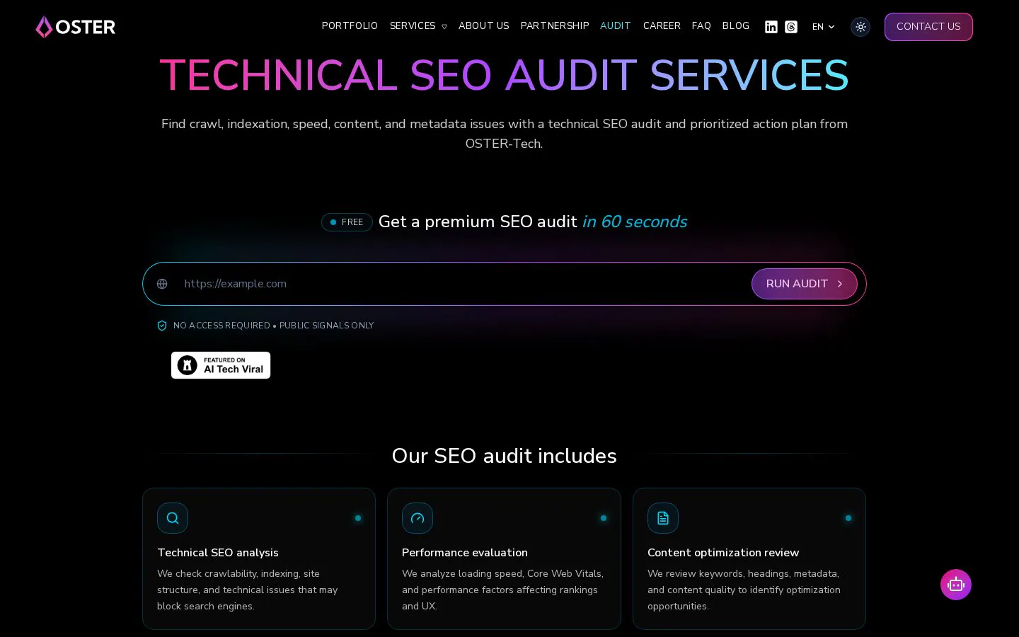 Free SEO Audit tool website homepage