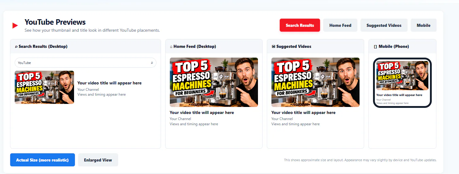 Free YouTube Thumbnail Tester product screenshot showing preview panels for a video thumbnail