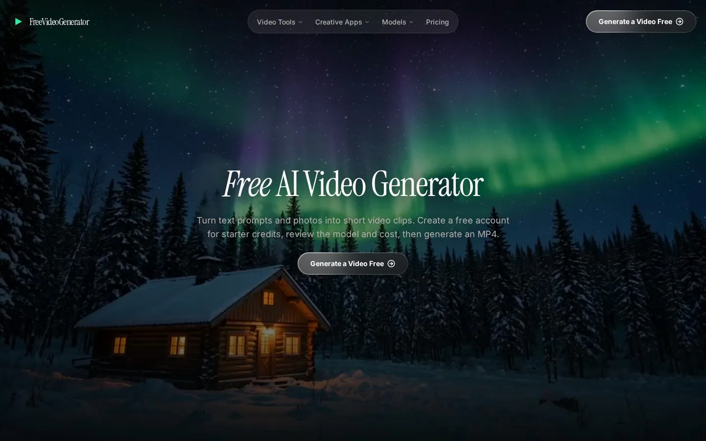 FreeVideoGenerator screenshot showing a house and a green northern light