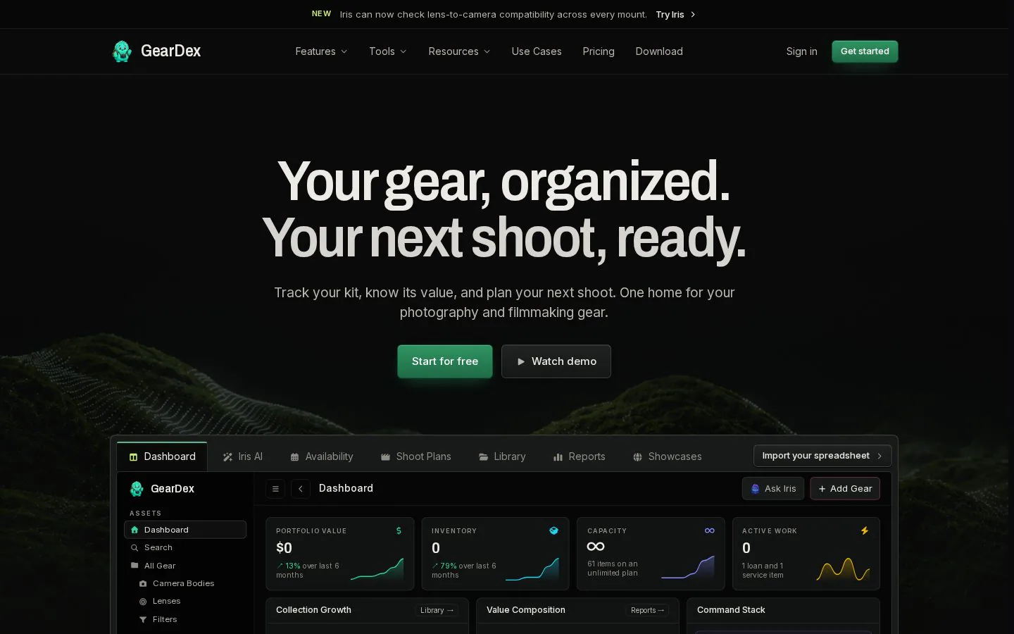 GearDex camera gear inventory software dashboard interface