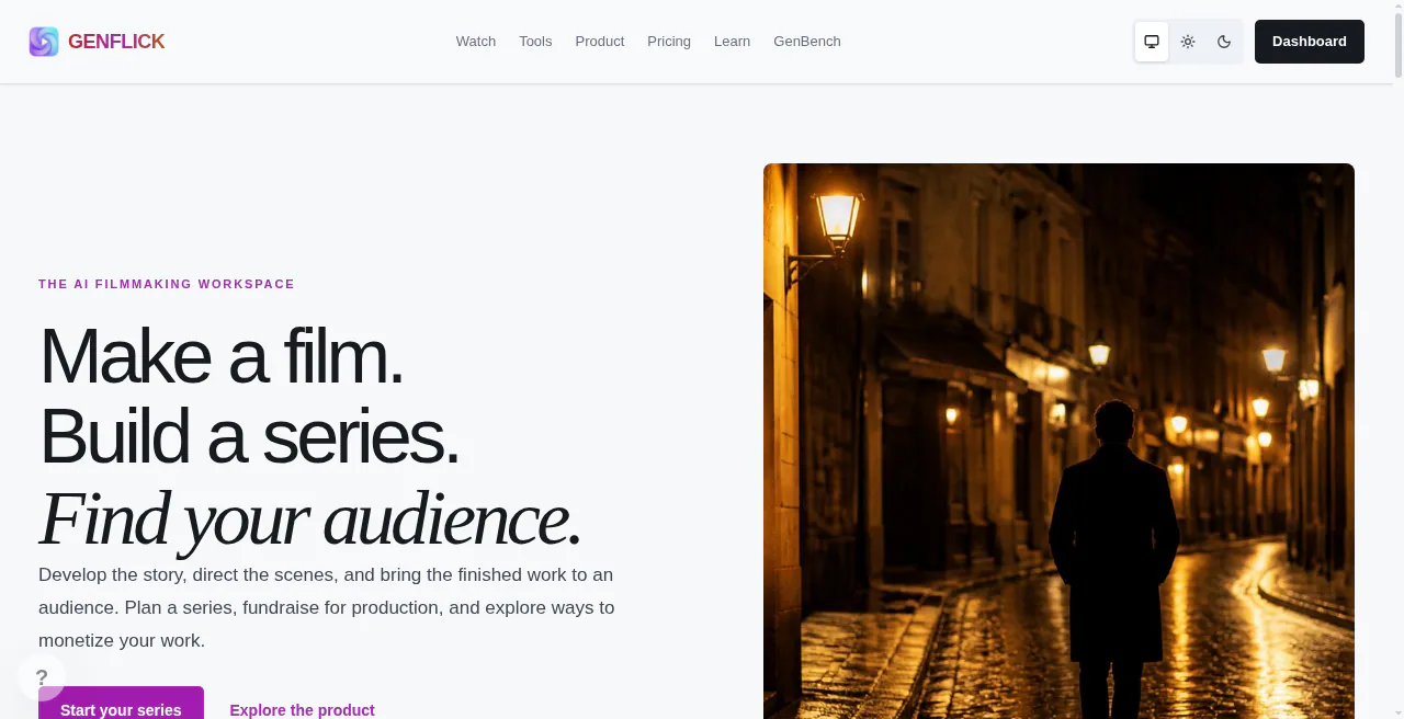 GenFlick website showing film production tools with night street image