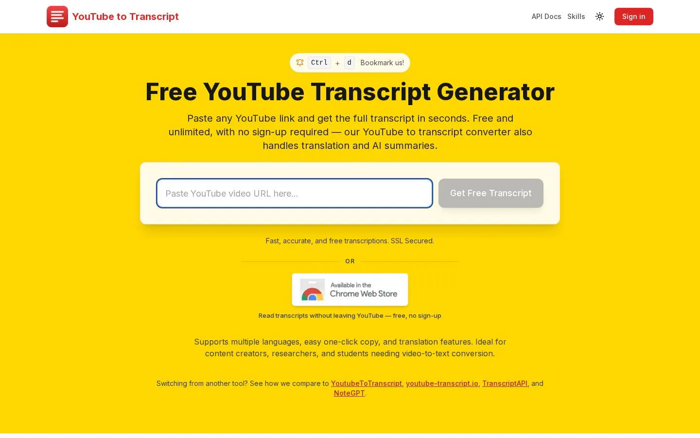 Homepage of getyoutubetranscript.com
