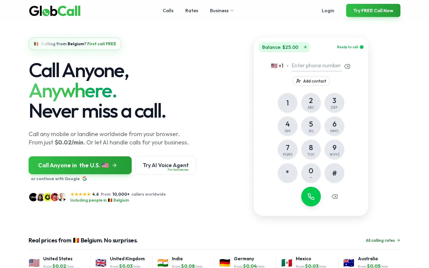 GlobCall website homepage