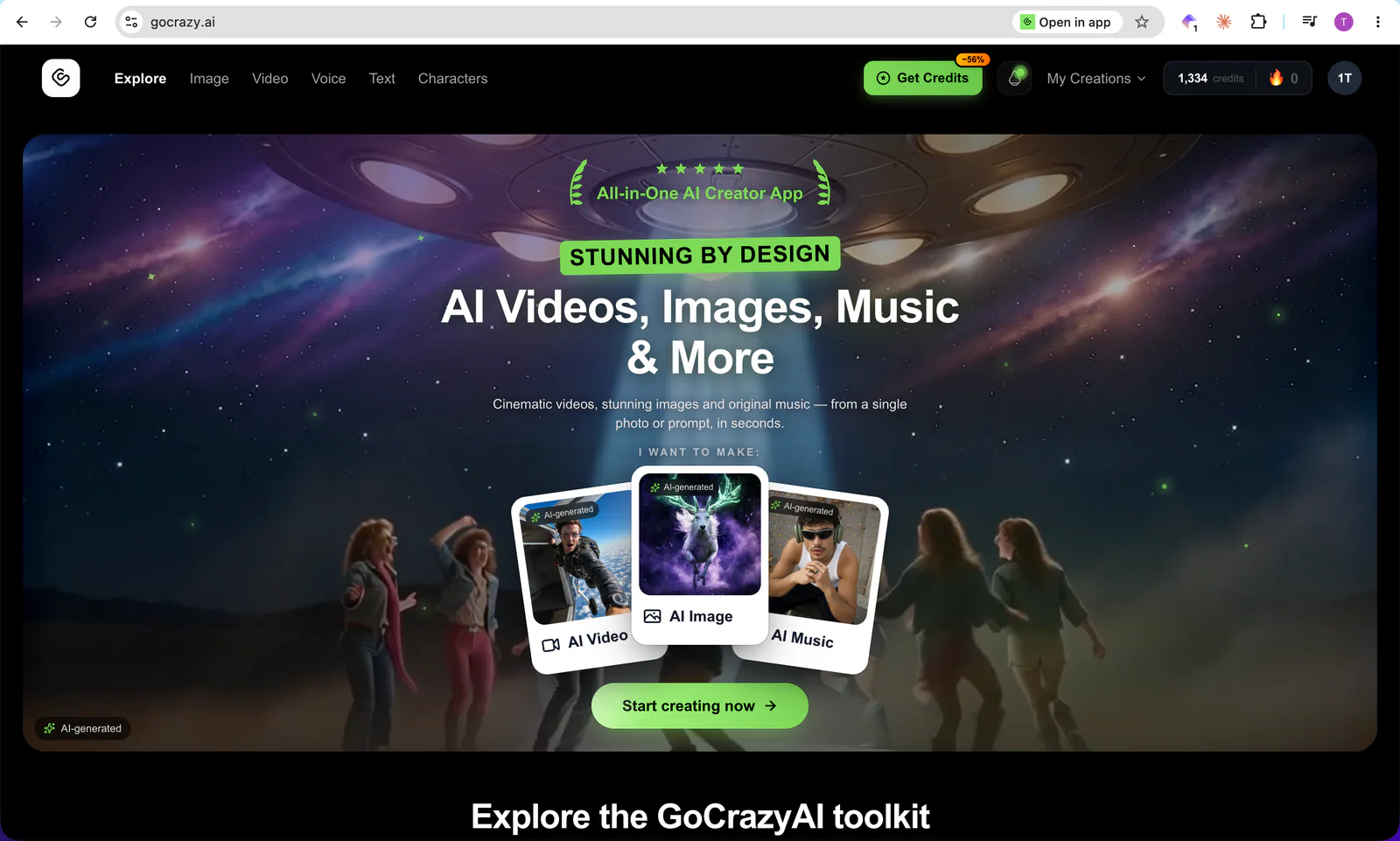 GoCrazyAI product screenshot showing AI video generator interface with seedance wan anime music options
