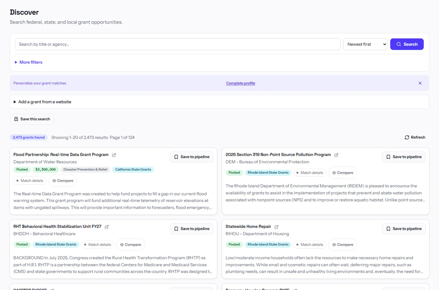 GrantCue dashboard showing grant search results with program descriptions and save options