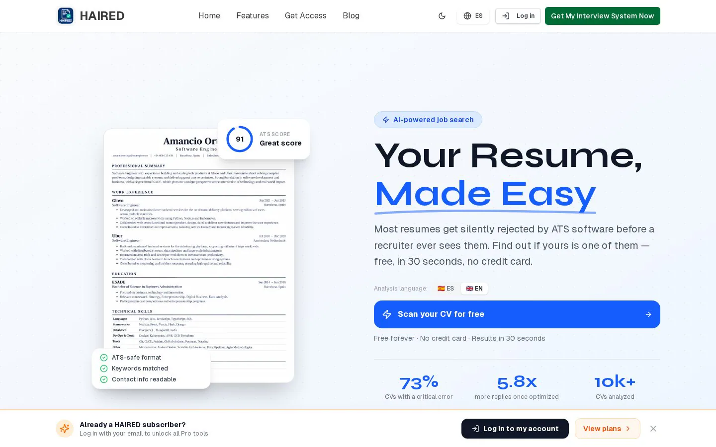 Haired CV website homepage
