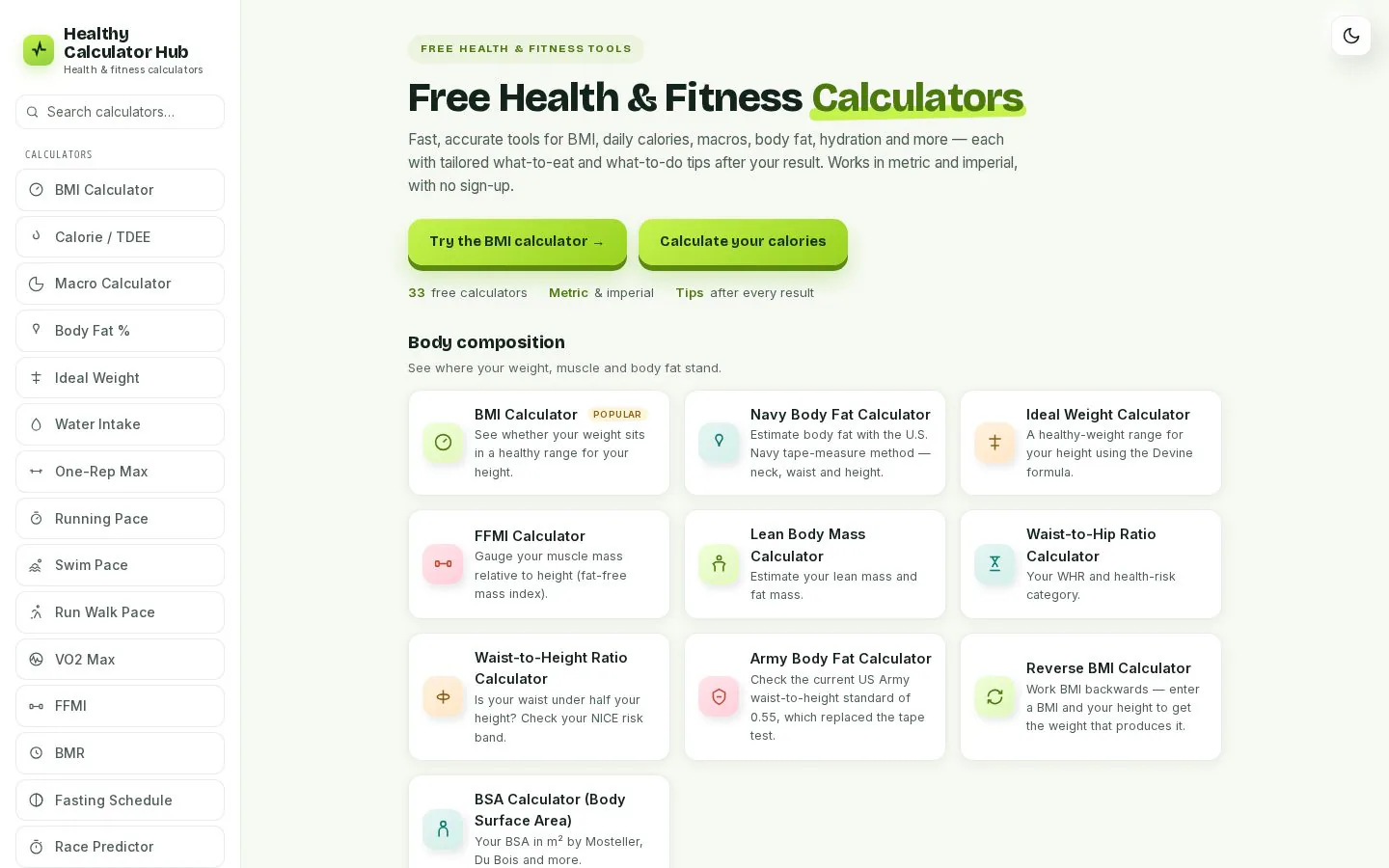 Healthy Calculator Hub website homepage